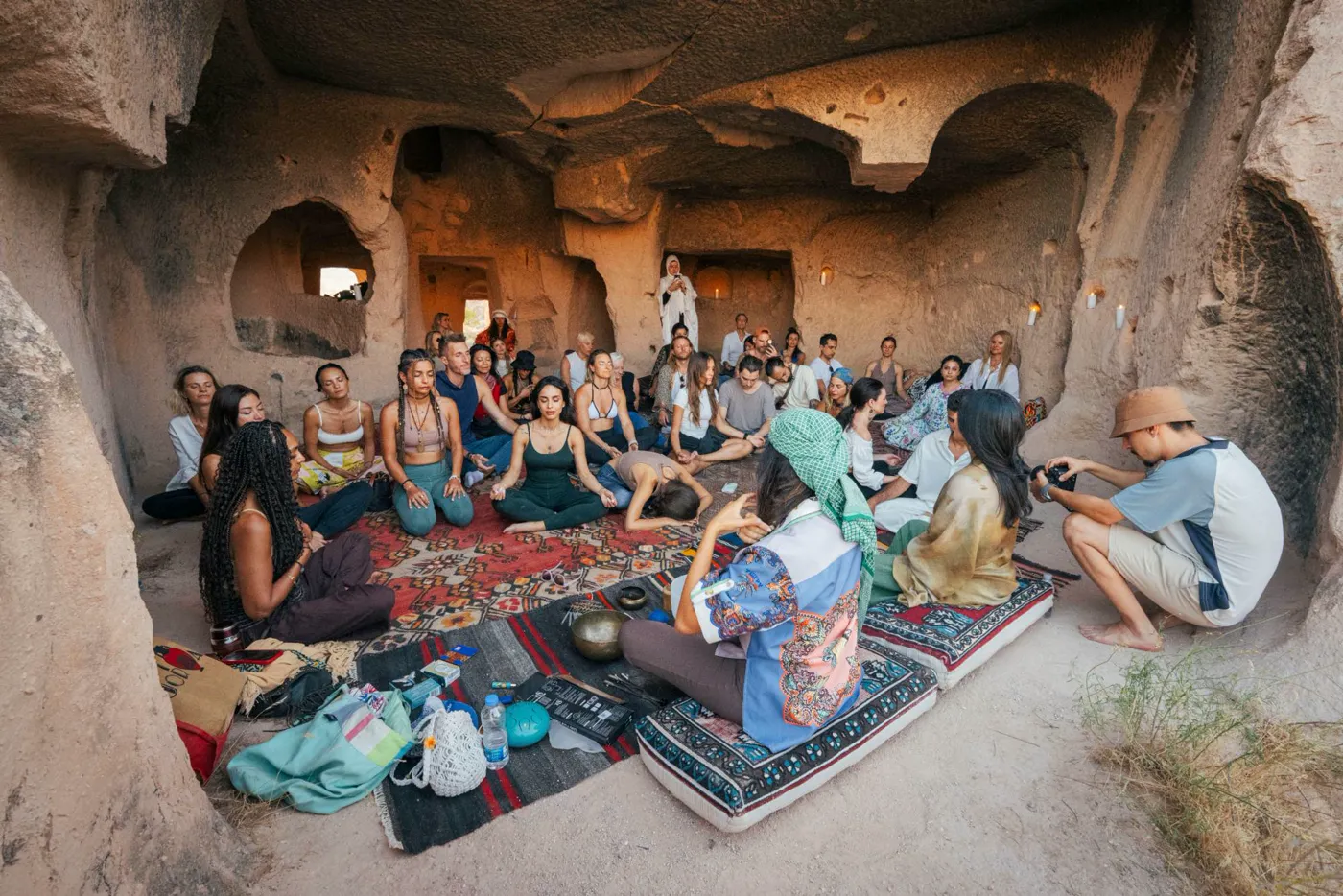 A breathwork session inside a Cappadocian cave
