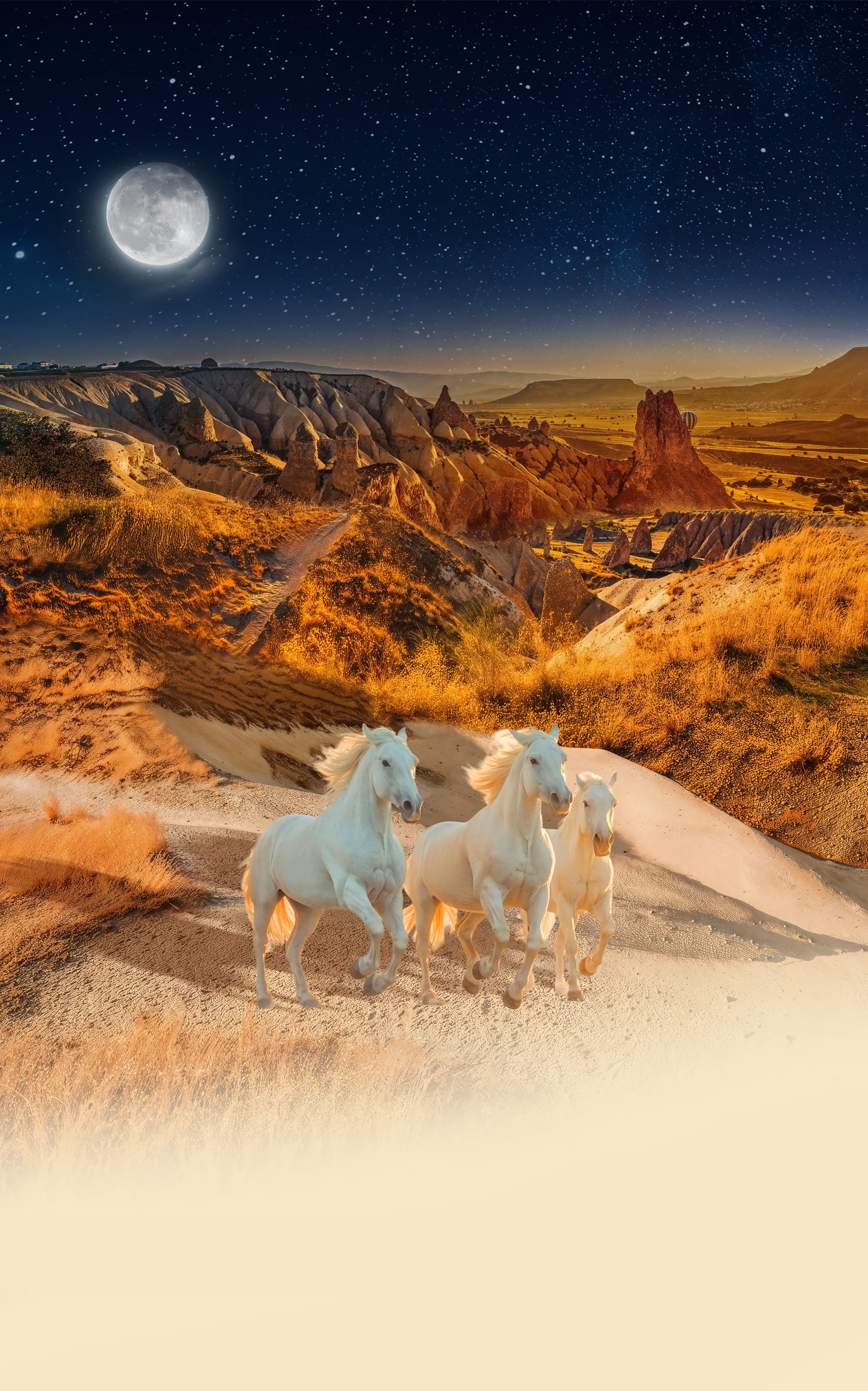 The valleys of Cappadocia under a full moon, three white horses running across the sand